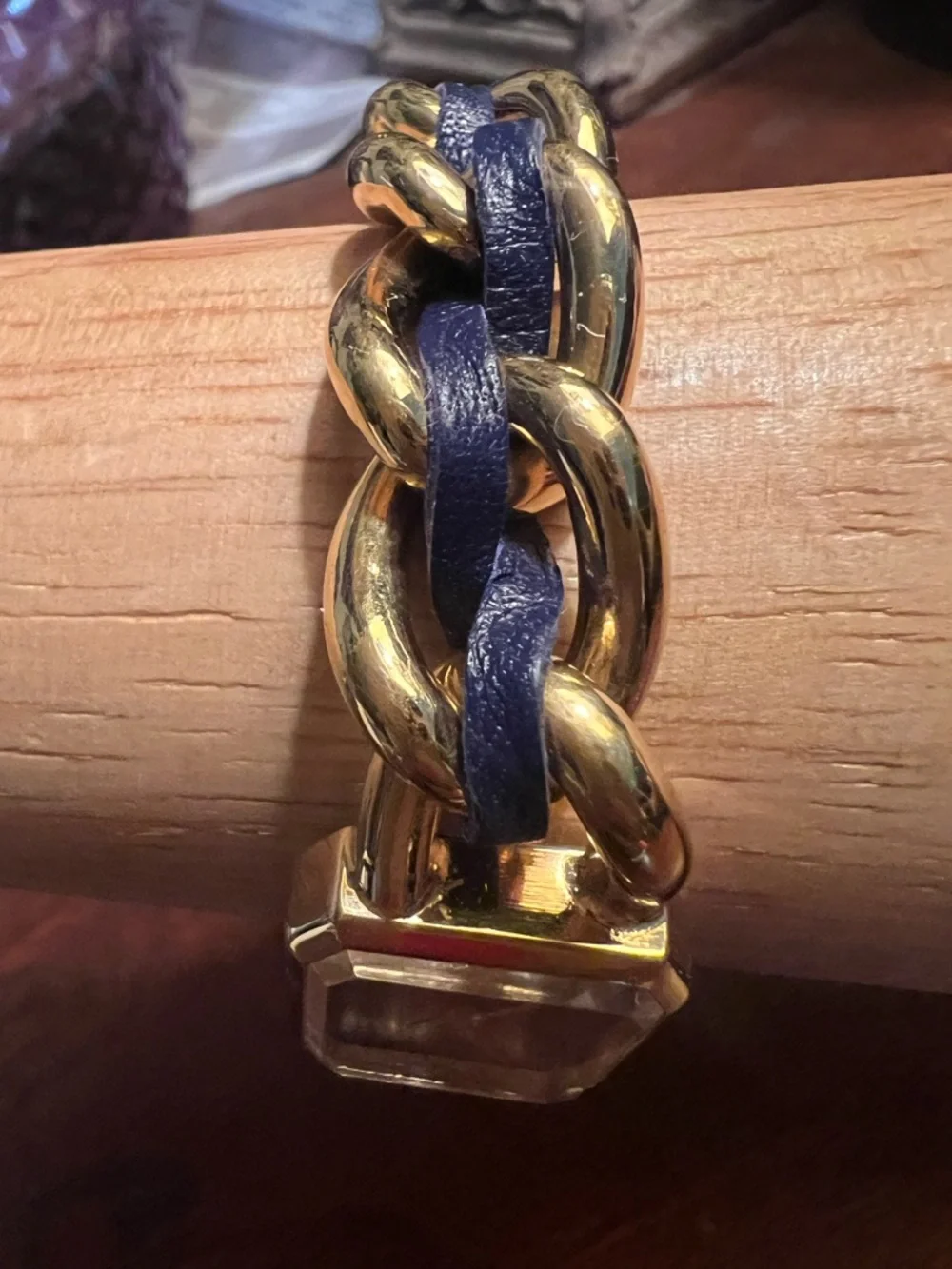 Vintage Gruen Square Blue Dial Gold toned Chain Link and Leather Bracelet Watch